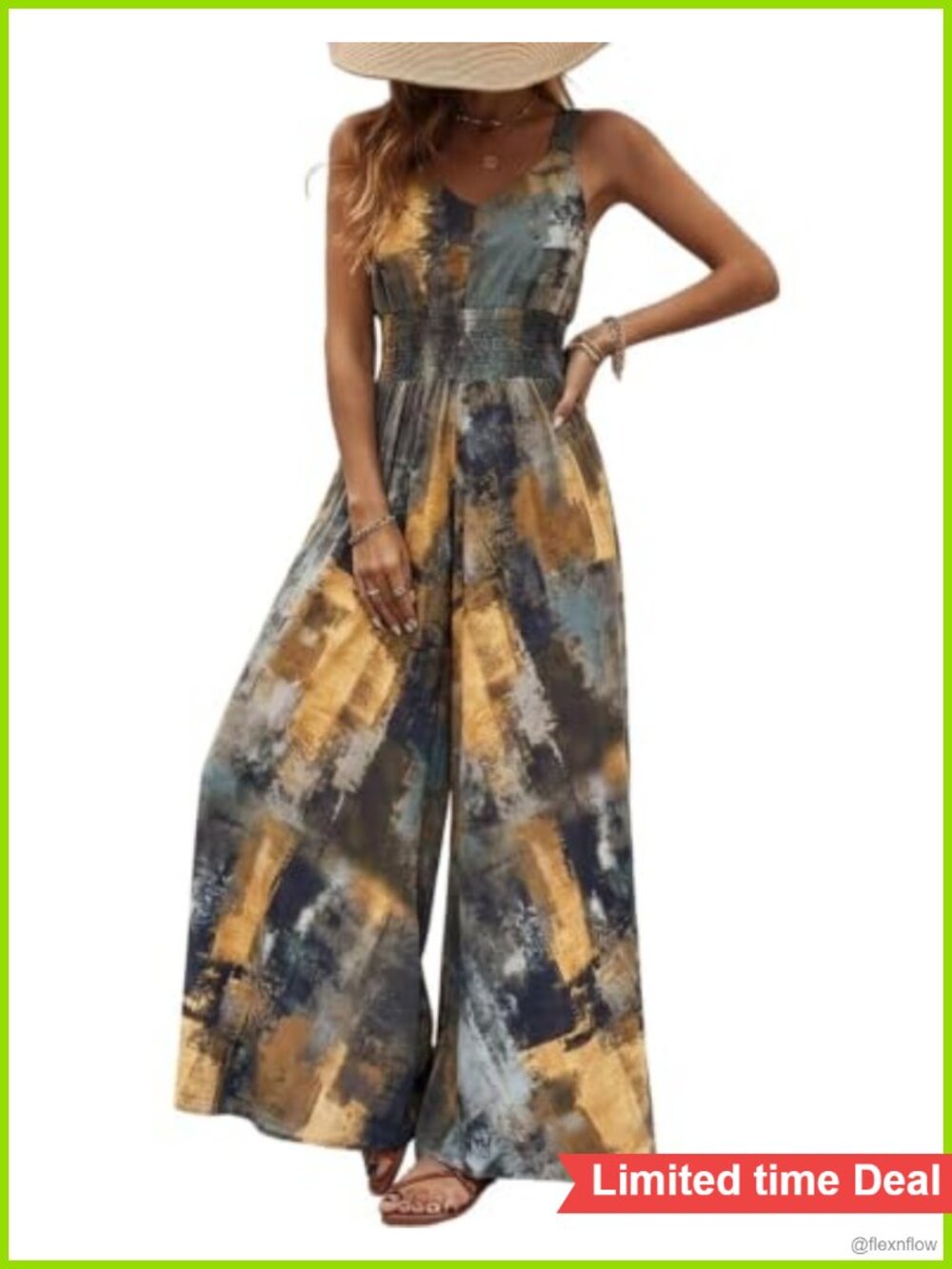Abstract Print Wide Leg Jumpsuit V Neck Smocked Waist Romper
